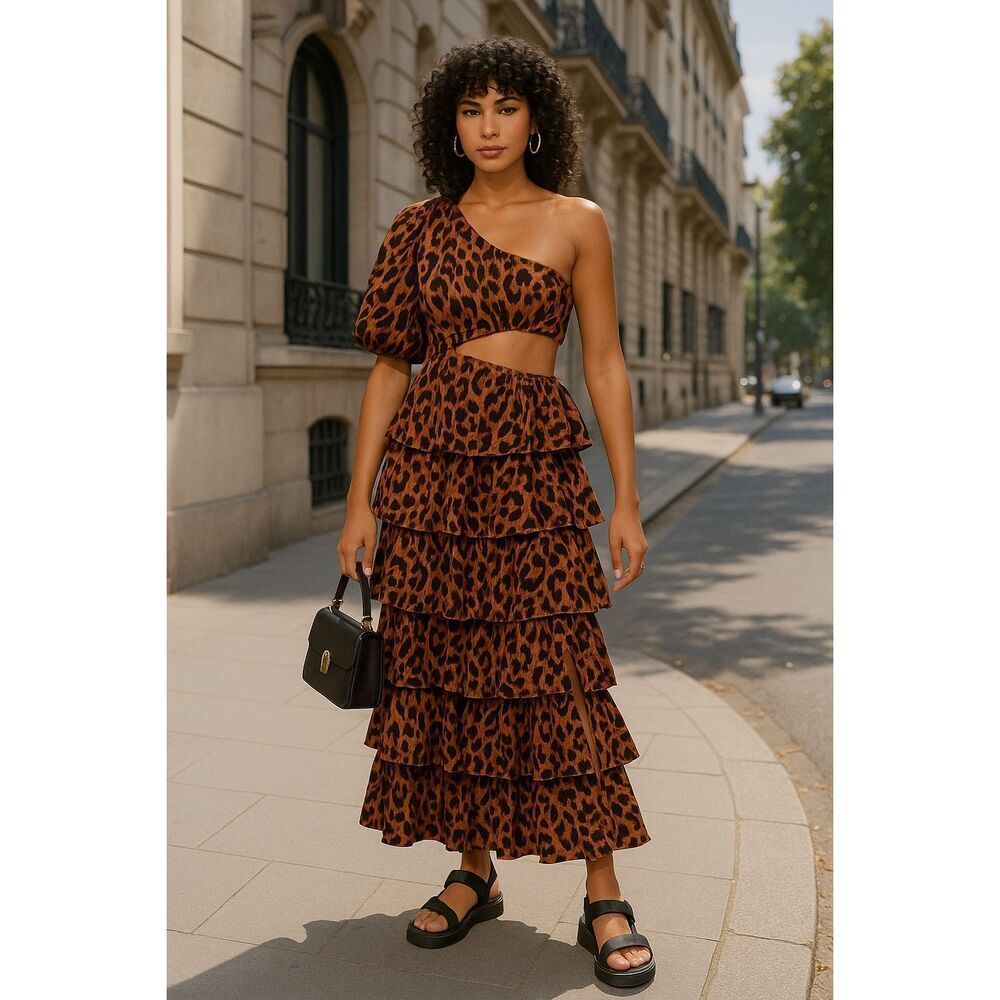 kivari madison one shoulder maxi dress -Leopard Print Vacation Dress size 4 NWT